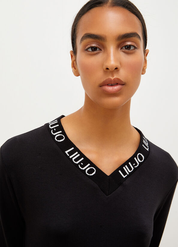 T Shirts Liu Jo Jersey With Logo Femme Noir | SJC-416532