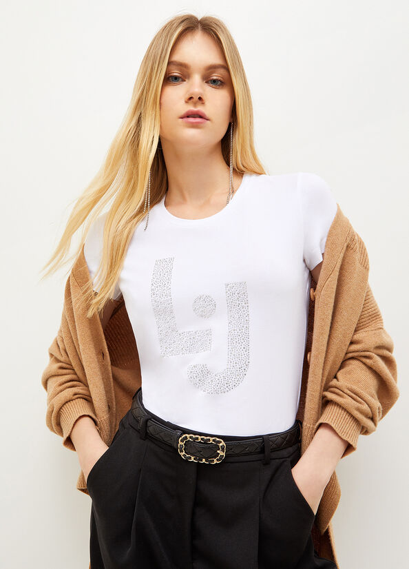 T Shirts Liu Jo Stretch Coton With Logo Femme Blanche | RAG-136724