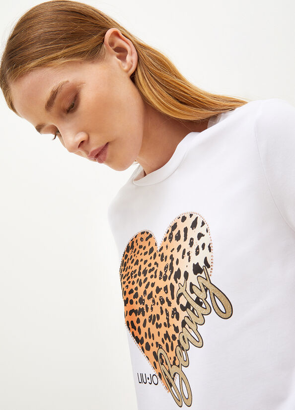 T Shirts Liu Jo With Animal-Print Heart Femme Blanche | RLK-243980