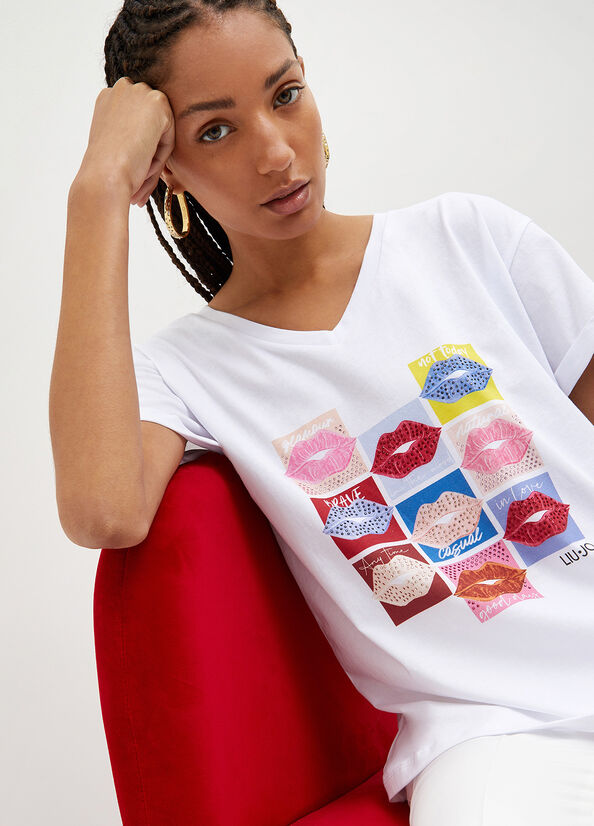 T Shirts Liu Jo With Lips Print Femme Blanche | HRN-048579