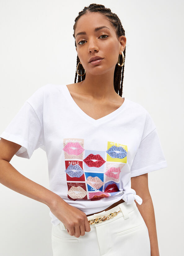 T Shirts Liu Jo With Lips Print Femme Blanche | HRN-048579