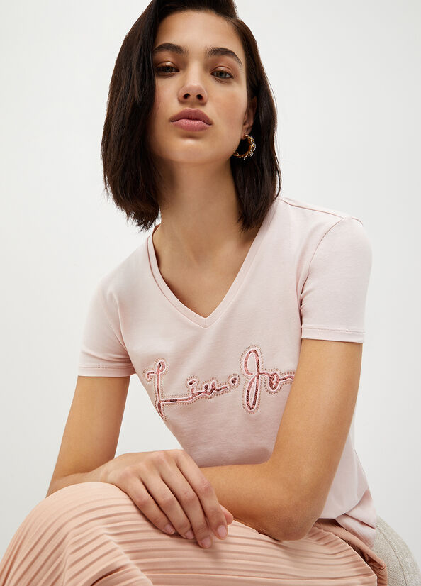 T Shirts Liu Jo With Logo And Dentelle Femme Rose | CBF-789324