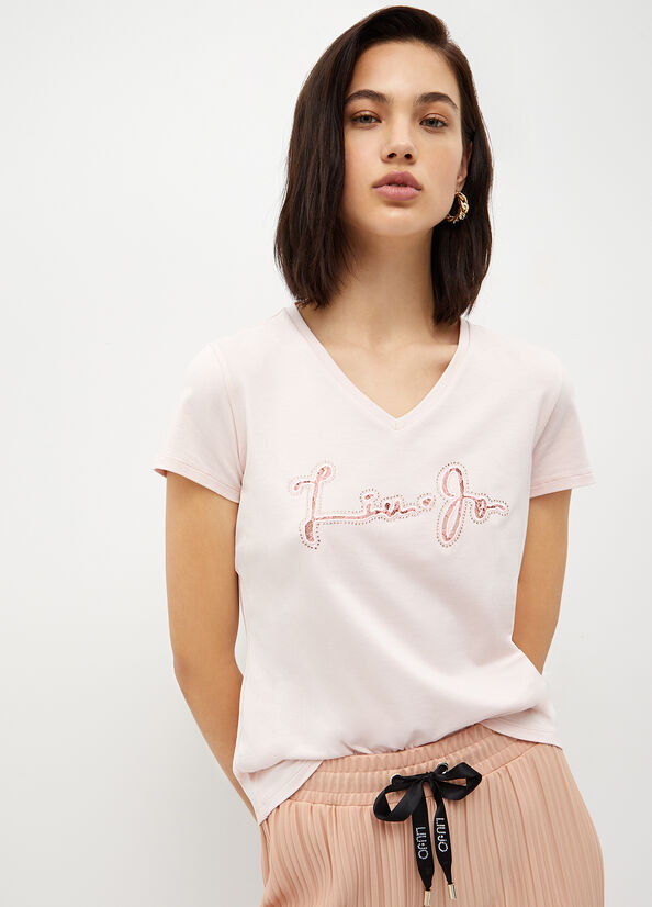 T Shirts Liu Jo With Logo And Dentelle Femme Rose | CBF-789324