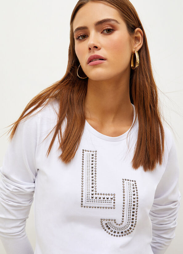 T Shirts Liu Jo With Logo And Gemstones Femme Blanche | AQJ-516239