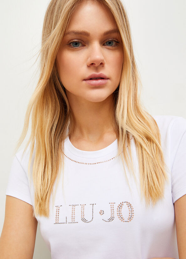 T Shirts Liu Jo With Logo And Gemstones Femme Blanche | GCZ-124308