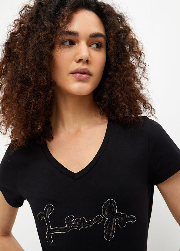 T Shirts Liu Jo With Logo And Gemstones Femme Noir | RGT-176095