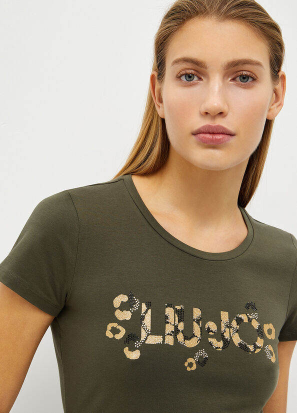 T Shirts Liu Jo With Logo And Gemstones Femme Vert Olive | RJA-809145