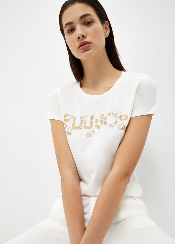 T Shirts Liu Jo With Logo And Gemstones Femme Blanche | ZBC-807693