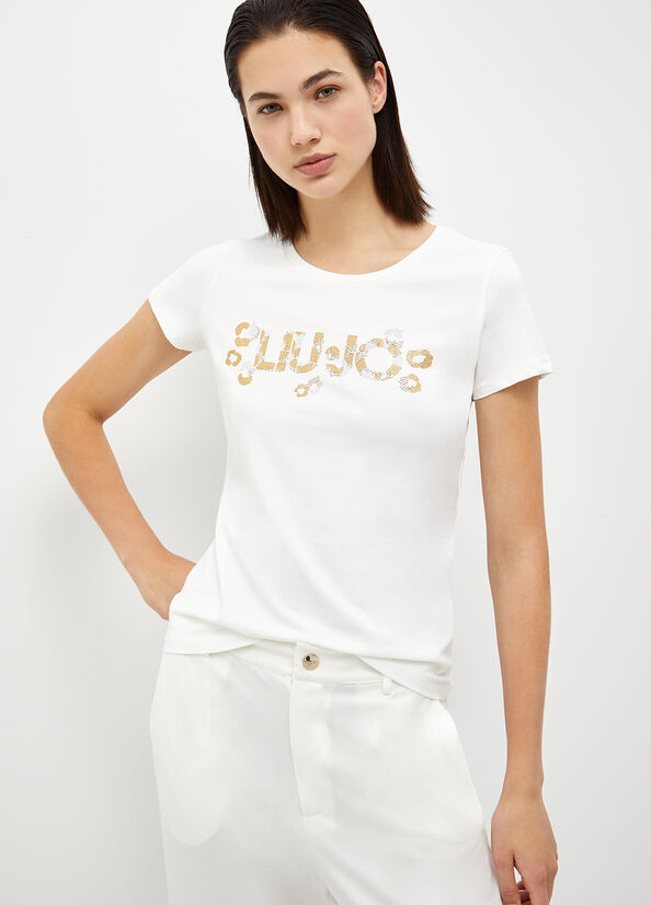 T Shirts Liu Jo With Logo And Gemstones Femme Blanche | ZBC-807693