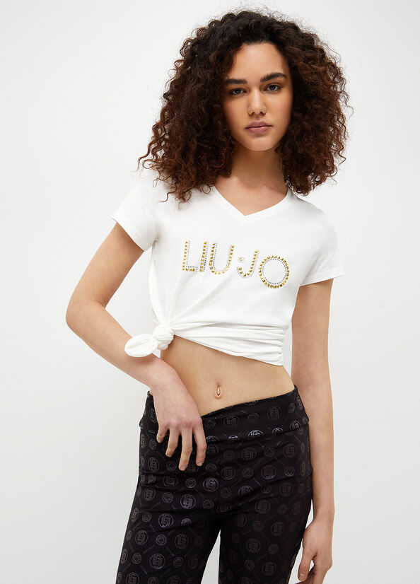 T Shirts Liu Jo With Logo And Studs Femme Blanche | QER-830657