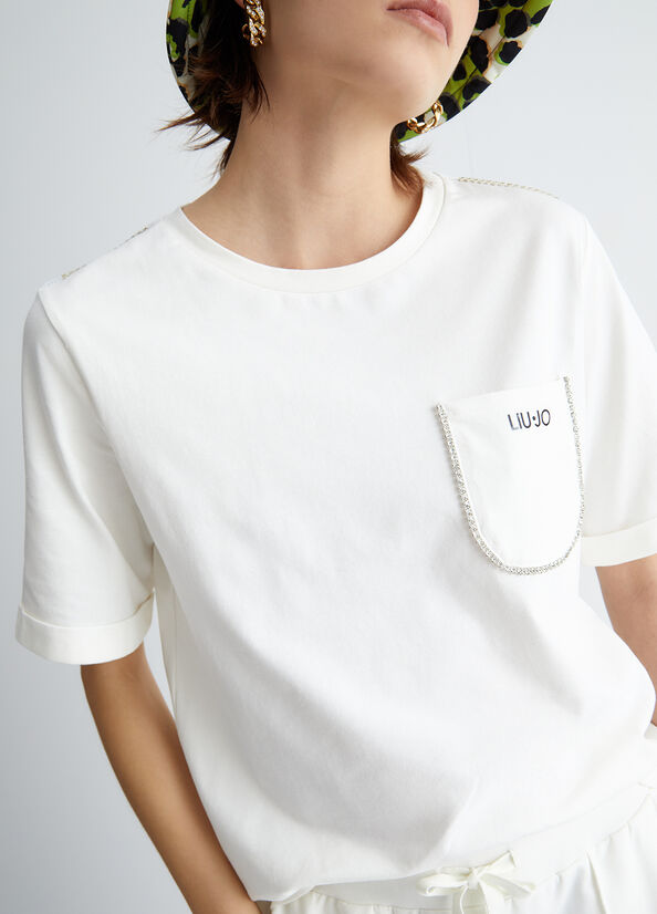 T Shirts Liu Jo With Pocket And Rhinestones Femme Blanche | PNV-748529