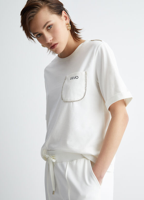 T Shirts Liu Jo With Pocket And Rhinestones Femme Blanche | PNV-748529