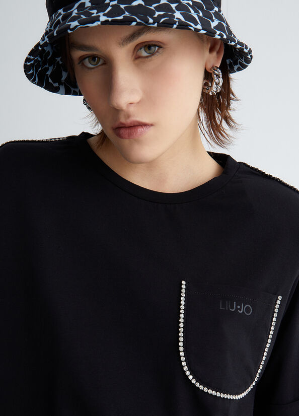 T Shirts Liu Jo With Pocket And Rhinestones Femme Noir | RHU-950421