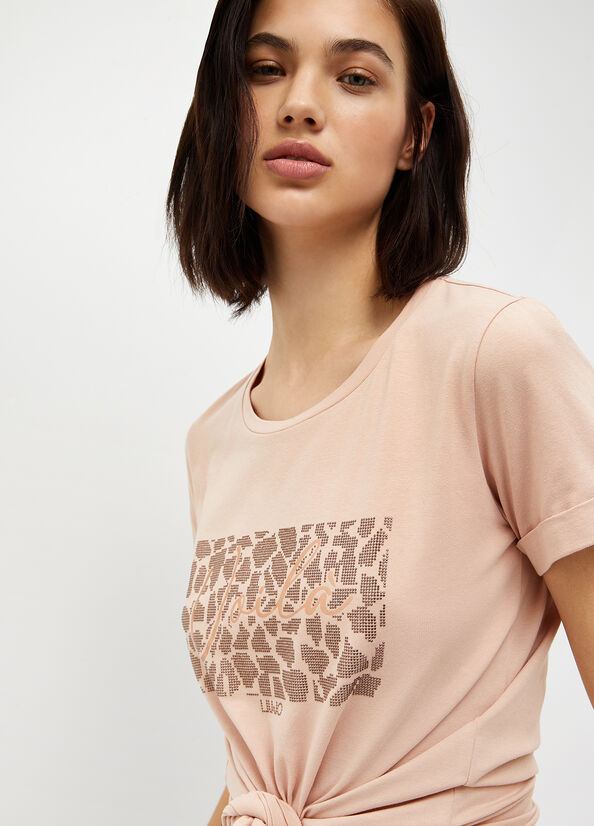 T Shirts Liu Jo With Rhinestones Femme Corail | OUR-709546