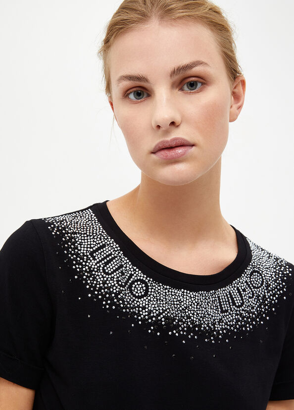 T Shirts Liu Jo With Rhinestones Femme Noir | HEB-839701