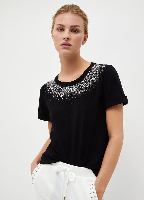 T Shirts Liu Jo With Rhinestones Femme Noir | HEB-839701