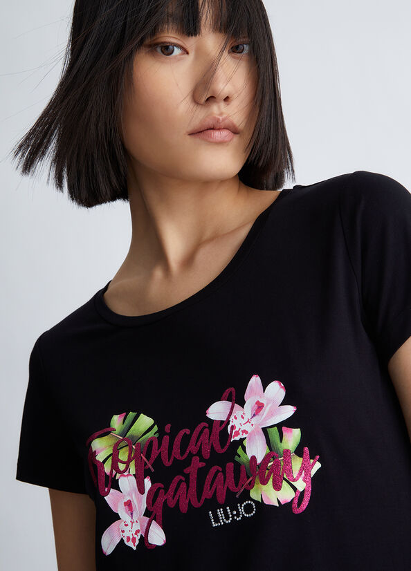 T Shirts Liu Jo With Tropical Print Femme Noir | DFZ-435290