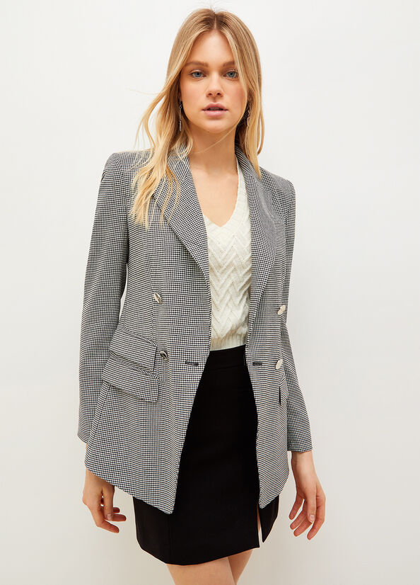 Vestes Liu Jo Eco-Friendly Houndstooth Blazer Femme Blanche Noir | WVO-156780