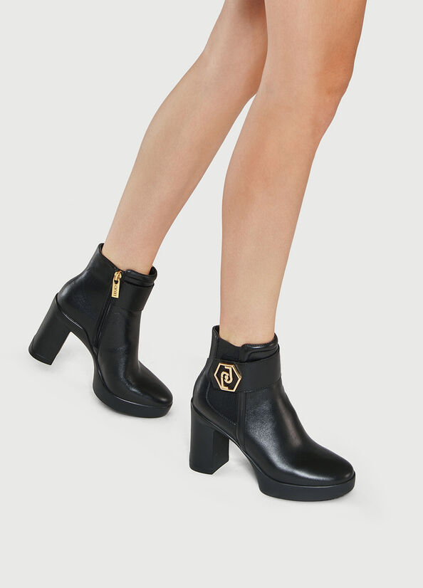 Bottines Liu Jo Cuir With Larges Heel Femme Noir | GWH-512308