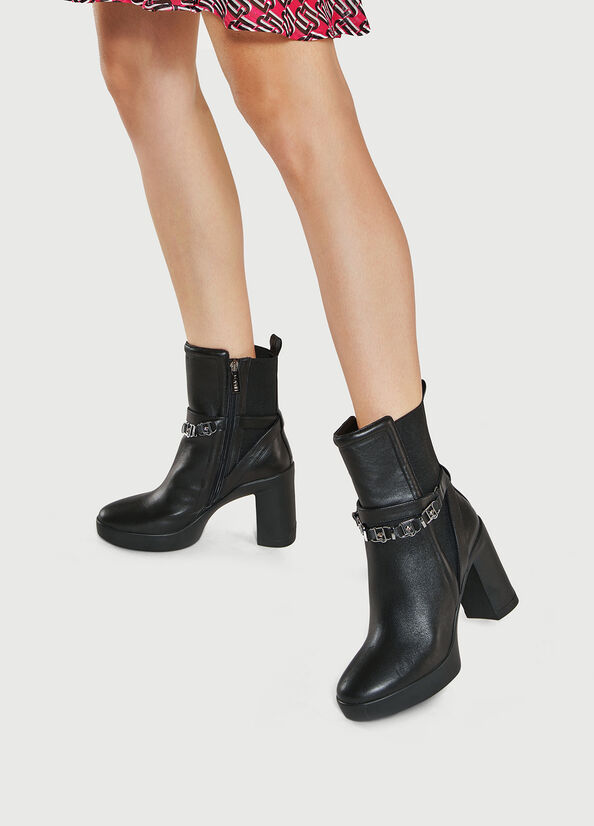 Bottines Liu Jo Cuir With Larges Heel Femme Noir | ZJL-207364