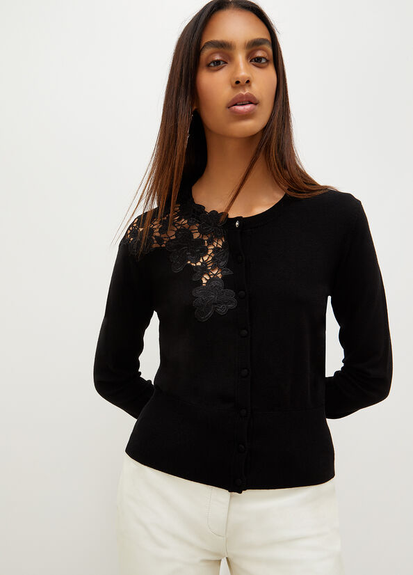 Chandails Liu Jo Eco-Friendly Cardigan With Dentelle Inlay Femme Noir | QPA-932017