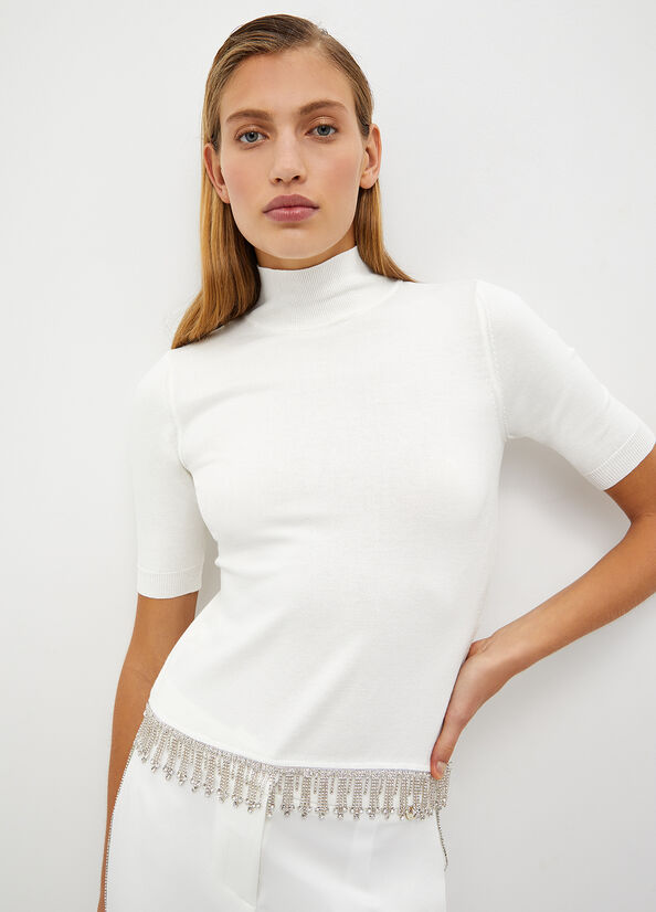 Chandails Liu Jo Mock Turtleneck With Jewel Fringes Femme Blanche | HVZ-065918