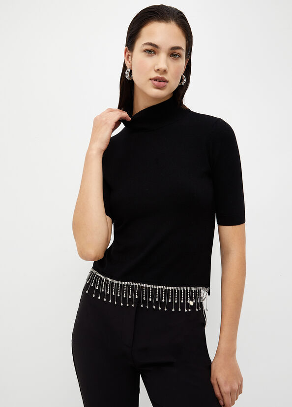 Chandails Liu Jo Mock Turtleneck With Jewel Fringes Femme Noir | URS-940725