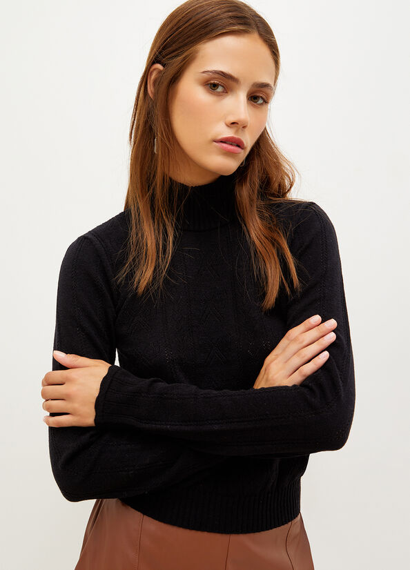 Chandails Liu Jo Mock Turtleneck With Penwork Pattern Femme Noir | ATE-416873