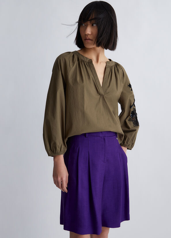 Chemises Liu Jo Blouse With Embroidery And Sequins Femme Vert Olive | GCF-258430