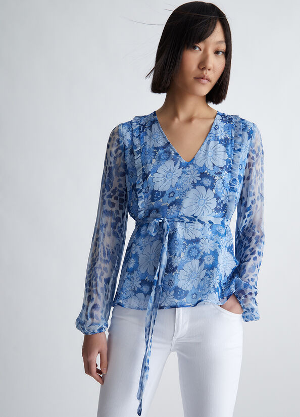 Chemises Liu Jo Floral Crepon Blouse Femme Bleu Foncé | QFA-514609