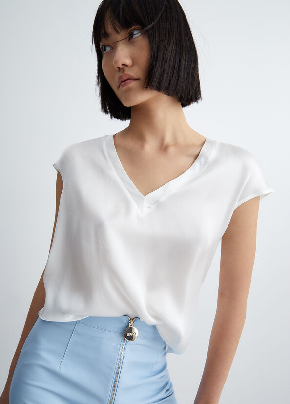 Chemises Liu Jo Silk Blend Blouse Femme Blanche | JQX-213590