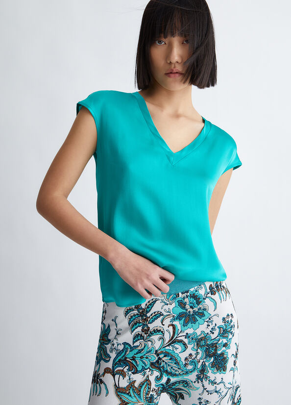 Chemises Liu Jo Silk Blend Blouse Femme Turquoise Clair | UOW-705618