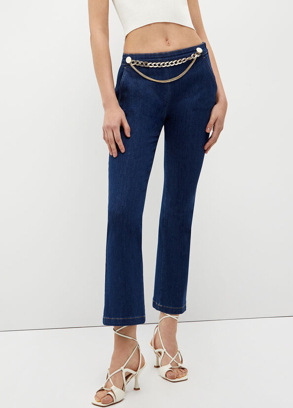 Jean Droit Liu Jo Cropped With Jewel Accessory Femme Bleu | DCY-197423