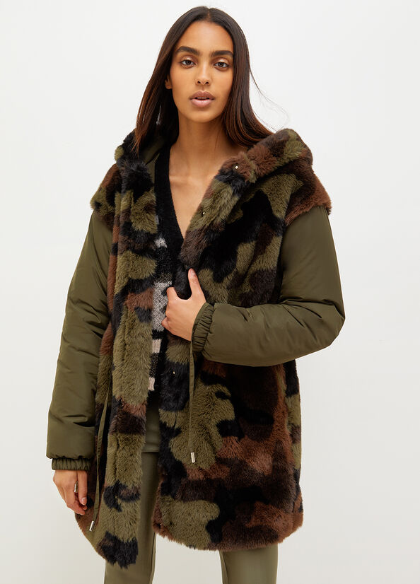 Manteaux Liu Jo Camouflage Encapuchonné Femme Vert Olive | RSC-173640