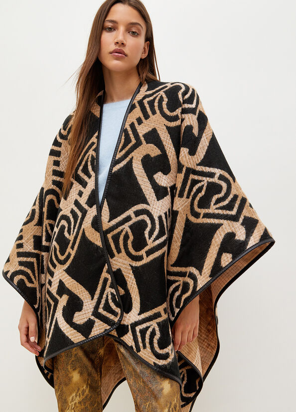 Manteaux Liu Jo Jacquard Poncho With Logo Femme Noir | UZJ-176240