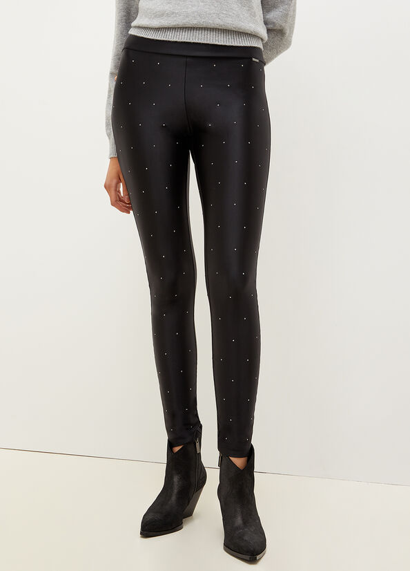 Pantalon Liu Jo Stretch Jersey Leggings With Rhinestones Femme Noir | MUX-023671