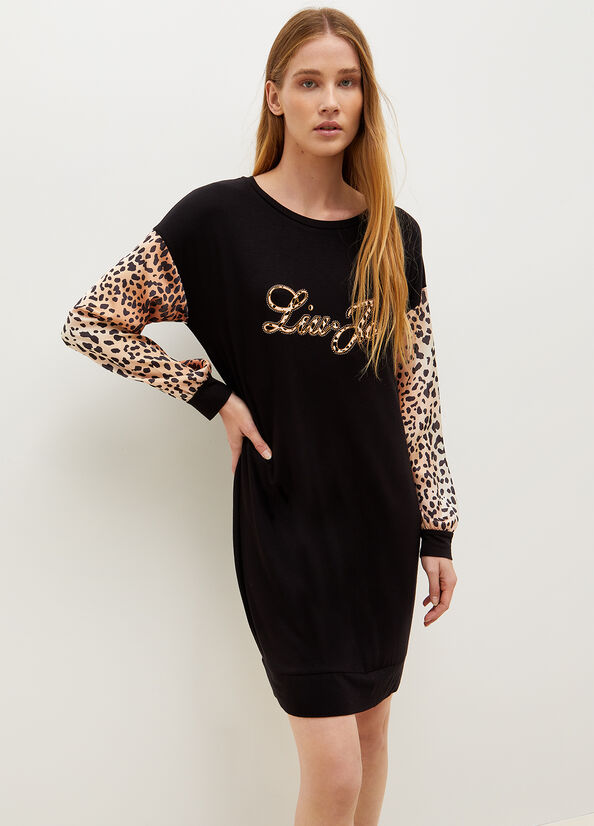 Peignoir Liu Jo Jersey With Animal Print And Logo Femme Noir | HDJ-627481