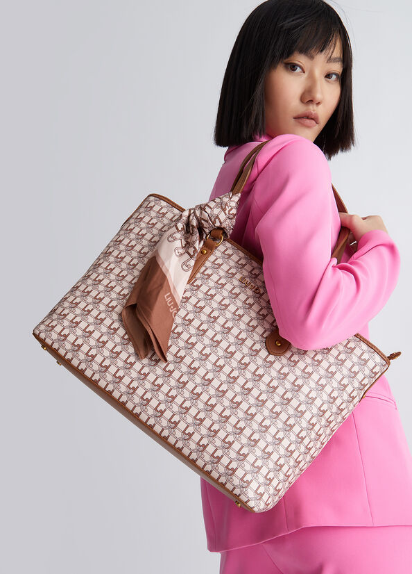 Sac Shopping Liu Jo With Logo And Scarf Femme Marron Clair | VPE-073451