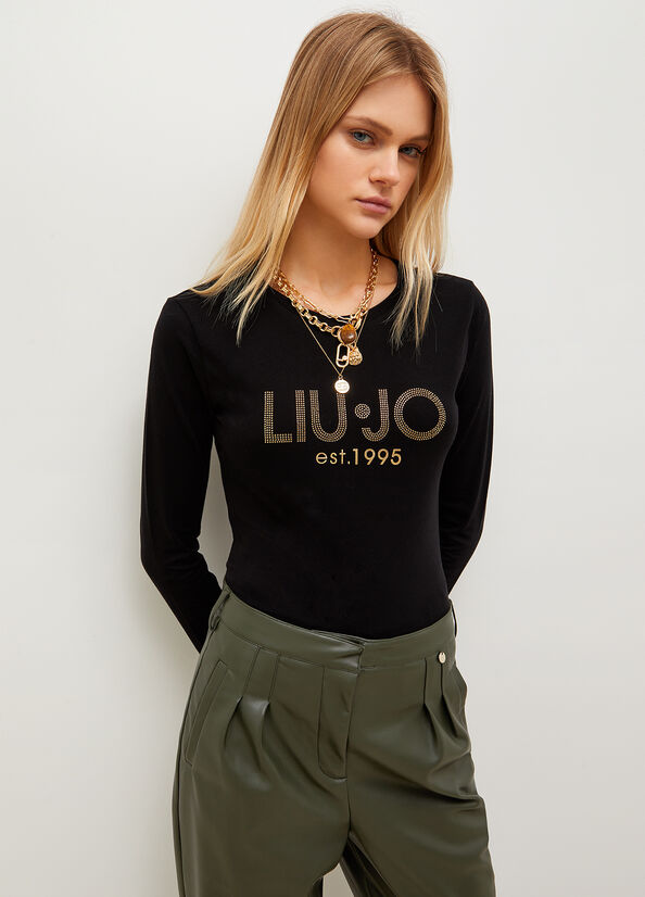 T Shirts Liu Jo Coton With Logo Femme Noir | QYG-213459