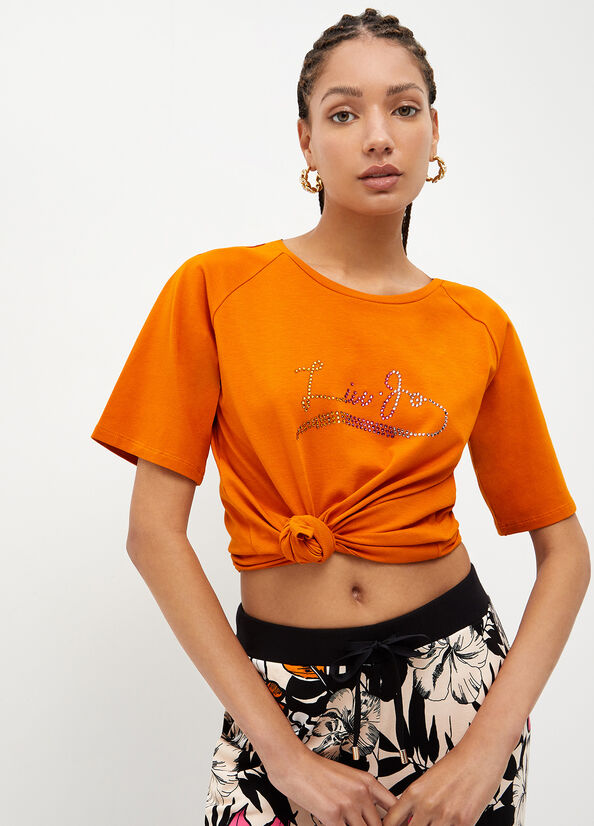 T Shirts Liu Jo Eco-Friendly With Gemstones Femme Orange | PQT-198450