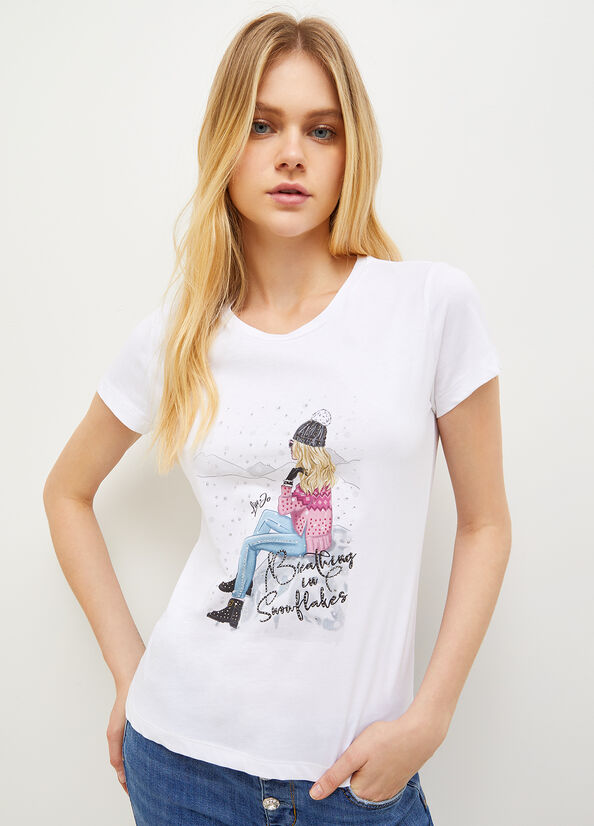 T Shirts Liu Jo Eco-Friendly With Graphique Print Femme Blanche | OQN-860754