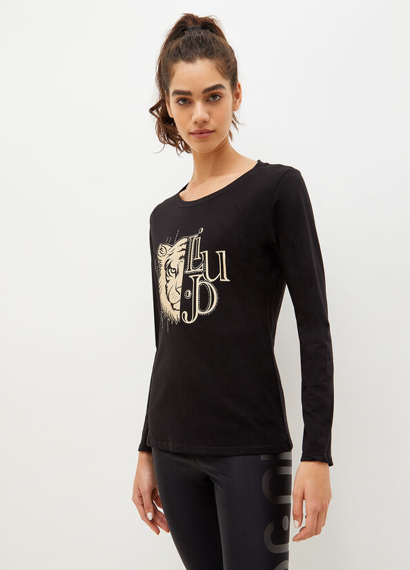 T Shirts Liu Jo Eco-Friendly With Print And Gemstones Femme Noir | ONH-710836