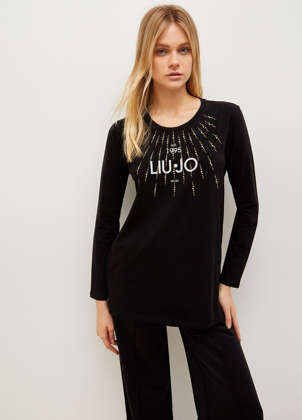 T Shirts Liu Jo Eco-Friendly With Studs And Logo Femme Noir | ETQ-312968