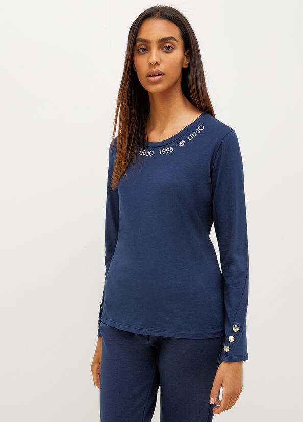 T Shirts Liu Jo Jersey With Logo And Buttons Femme Bleu | UCE-509781