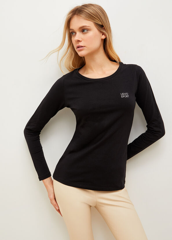 T Shirts Liu Jo Jersey With Logo Femme Noir | JZP-635209