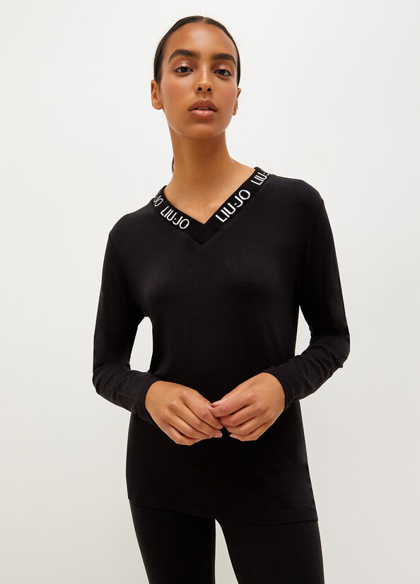 T Shirts Liu Jo Jersey With Logo Femme Noir | SJC-416532