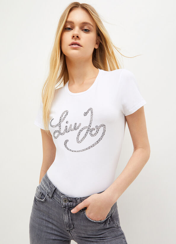 T Shirts Liu Jo Stretch Coton With Logo Femme Blanche Noir | TPC-231970