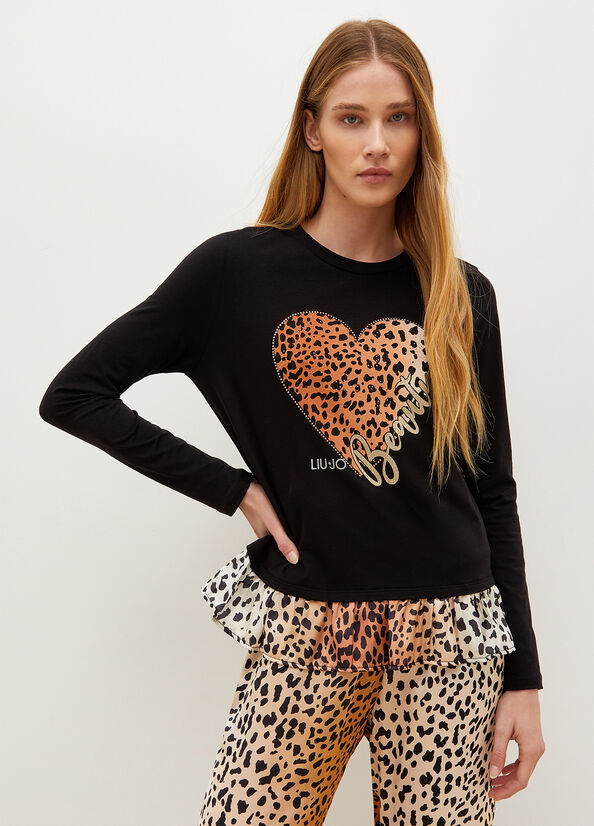 T Shirts Liu Jo With Animal-Print Heart Femme Noir | GXB-476932