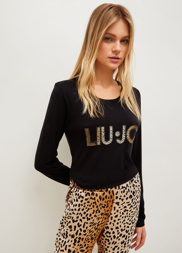 T Shirts Liu Jo With Animal-Print Logo Femme Noir | LIR-701985