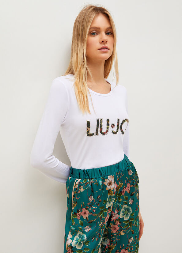 T Shirts Liu Jo With Floral Logo Femme Blanche | ZWJ-472059